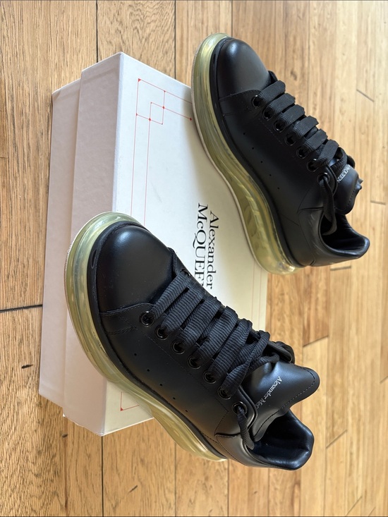 Alexander McQueen Shoes - Alexander McQueen Black Leather Sneakers with Translucent Yellow-Tinted Sole